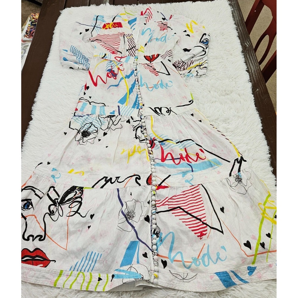 Mackenziemode Sz 8 Abstract Art to Wear Button Up Linen Blend Maxi Dress - Picture 2 of 12